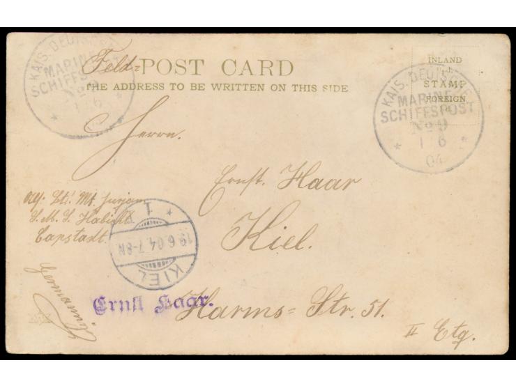 Stempel  MSP No. 9  1.6.04,  S.M.S. Habicht,  zwei Abschläge auf Ansichtskarte Capstadt,  Feldpost  nach Kiel, Ankunftstempel