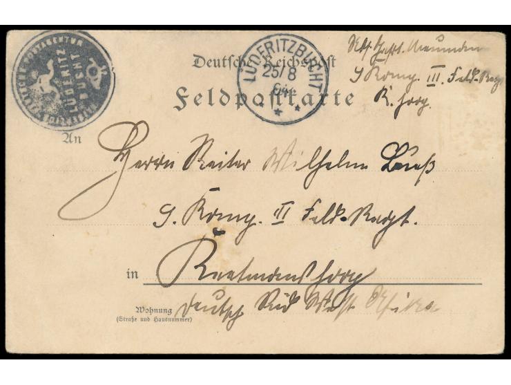 Stempel  Lüderitzbucht  25.8.04 und Negativ-Dienstsiegel  Kaiserlich Deutsche Postagentur Lüderitzbucht  auf Feldpost-Vordruc