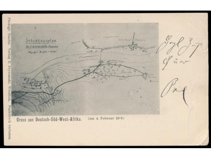 2 verschiedene Ansichtskarten  Omaruru 4. Februar 1904  (Gefechtsfeld bzw. Situationsplan), Verlag B. Szymanski, Windhuk, bei