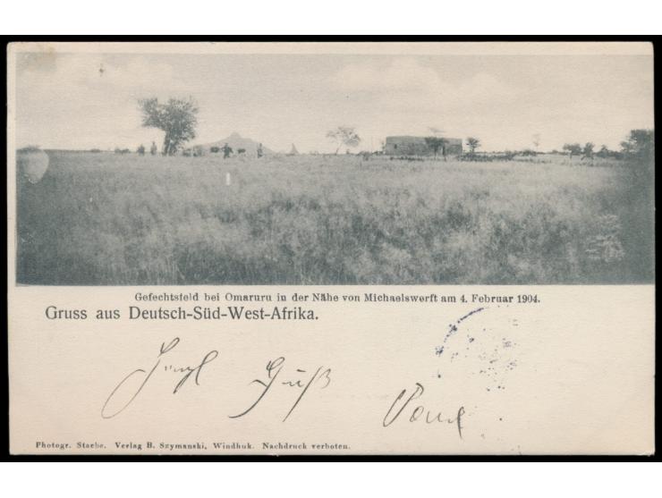 2 verschiedene Ansichtskarten  Omaruru 4. Februar 1904  (Gefechtsfeld bzw. Situationsplan), Verlag B. Szymanski, Windhuk, bei