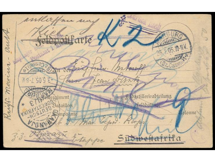 Feldpost-Vordruckkarte nach Südwestafrika , Vogenbeck FPK H-SWA Nr. 14.1, Stempel  Marburg (Bz. Cassel) 1  26.1.05, an einen 
