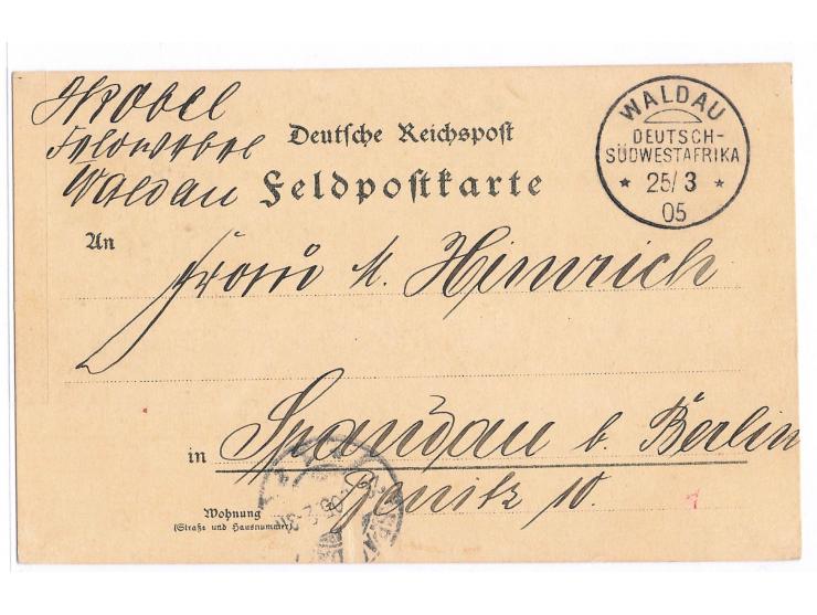 Stempel  Waldau  25.3.05 auf Feldpost-Vordruckkarte nach Spandau, Ankunftstempel 26.4.05, Bedarf
Stichwort: Feldpost bis 1920