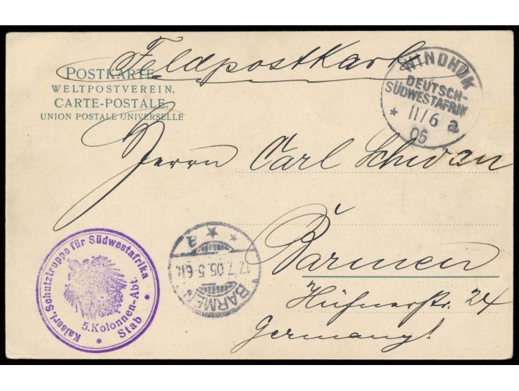 Stempel  Windhuk a  11.6.05 und violettes Dienstsiegel  5. Kolonnen-Abt. / Stab  (Adlerstempel) auf Ansichtskarte Missionssta