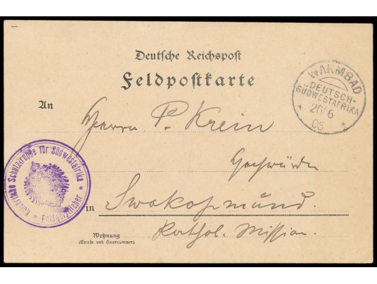 Stempel  Warmbad  20.6.05 und seltenes Dienstsiegel  Feldgeistlicher  (Adlerstempel) auf Feldpost-Vordruckkarte nach Swakopmu
