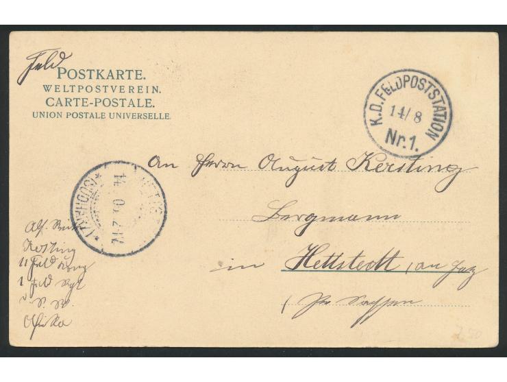 Stempel  K. D. Feldpoststation Nr. 1  14.8. auf Ansichtskarte  "Die Pforte",  geschrieben in  Otjosondu,  nach Hettstedt, Ank