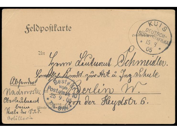 Stempel  Kuis  15.8.05, verwendet in  Kub,  auf Feldpost-Vordruckkarte (Vogenbeck FPK 19) nach Berlin, geschrieben in  Persip