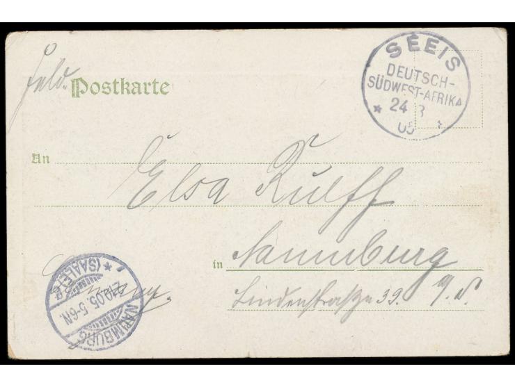 Stempel  Seeis  24.8.05 auf farbiger Ansichtskarte "Missionshaus und Kirche in Omaruru", Verlag Franz Spenker, Hbg., Feldpost