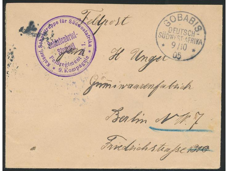 Feldpostbrief mit Stempel  Gobabis  9.10.05 und Briefstempel  Feldregiment No. 1 / 9. Kompagnie  nach Berlin, rückseitig Abse