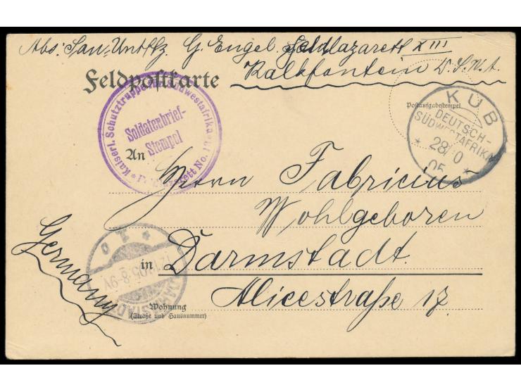 Stempel  Kub  28.10.05 und seltener Briefstempel  Feldlazarett No. 13  auf Feldpost-Vordruckkarte nach Darmstadt, geschrieben