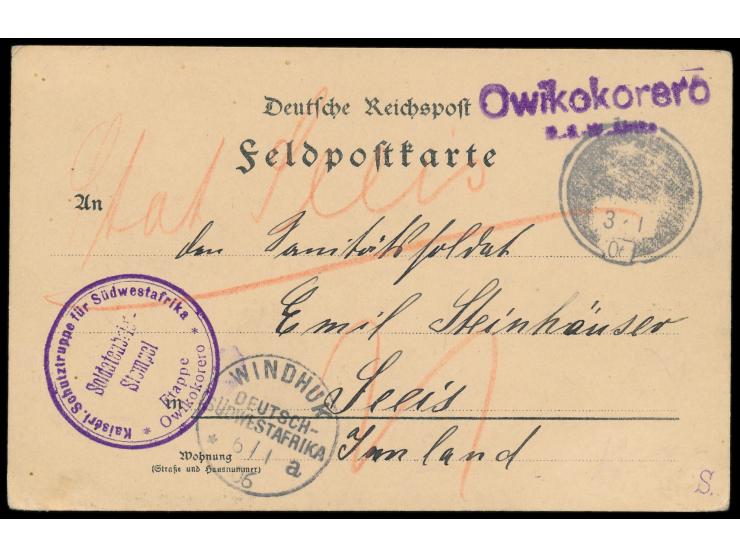 violetter L2  Owikokorero / D.-S.-W.-Afrika  und  Petschaftstempel  3.1.06 auf Feldpost-Vordruckkarte nach Seeis, Briefstempe