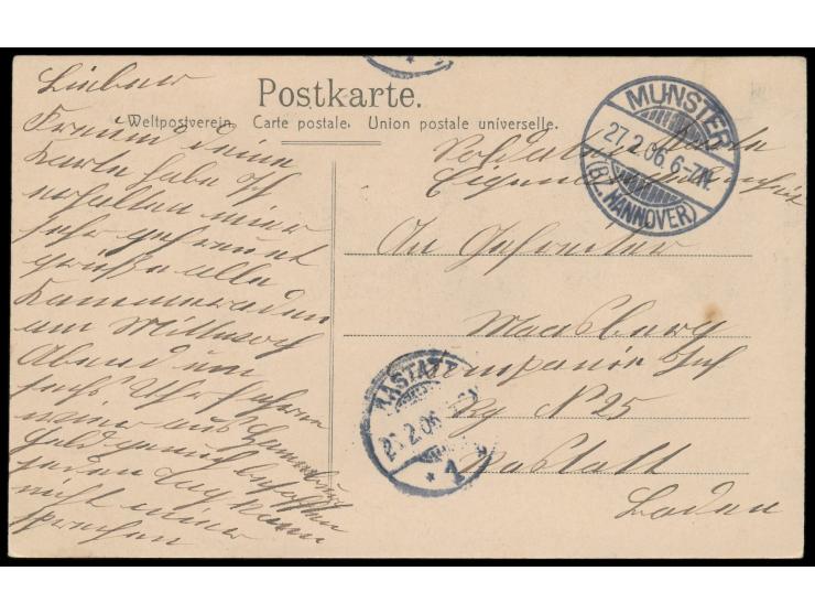 Ansichtskarte "Auf Wiedersehen! -  Letzter Gruß vor Abreise nach Süd-Westafrika vom Truppenübungsplatz Munster. " mit vier Bi