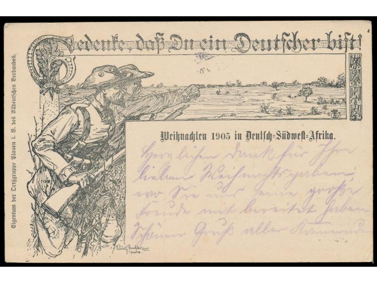 Stempel &nbsp;Windhuk &nbsp;14.3.06 auf &nbsp;Liebesgaben-Feldpostkarte &nbsp;der Ortsgruppe Plauen des Alldeutschen Verbande
