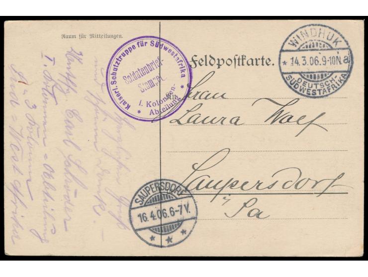 Stempel &nbsp;Windhuk &nbsp;14.3.06 auf &nbsp;Liebesgaben-Feldpostkarte &nbsp;der Ortsgruppe Plauen des Alldeutschen Verbande