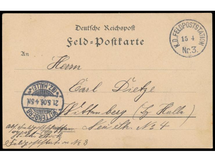 Stempel &nbsp;K. D. Feldpoststation Nr. 3 &nbsp;15.4.(06), &nbsp;2. Einsatzes &nbsp;des Stempels im Feldzug gegen die Bondelz