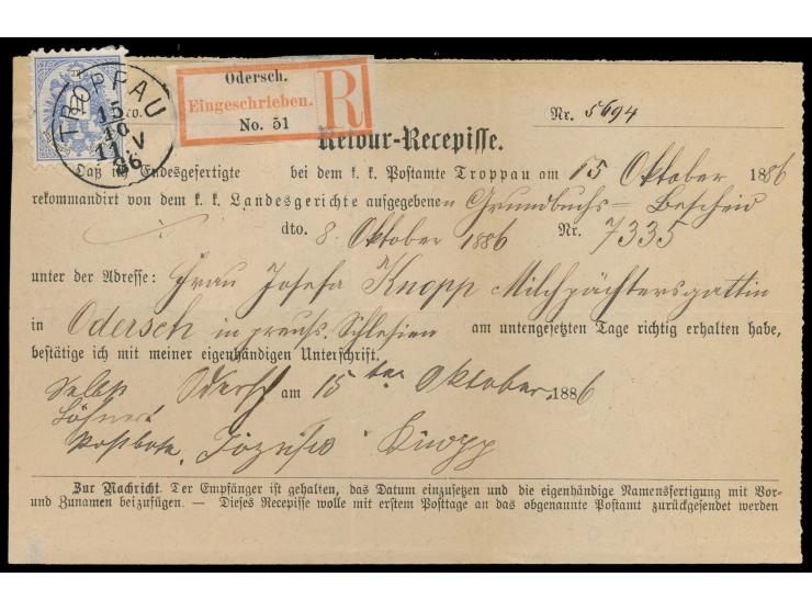 Ausgabe 1883: 10 Kr. auf &nbsp;Retour-Recepisse &nbsp;des Landgerichts Troppau, Stempel &nbsp;Troppau &nbsp;15.10.86, für ein