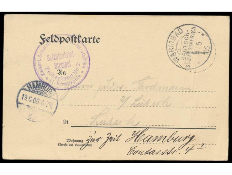 Stempel  Warmbad  11.5.06 und Briefstempel  Feldregiment No. 2 / 11. Kompagnie  auf Feldpost-Vordruckkarte nach Hamburg, gesc