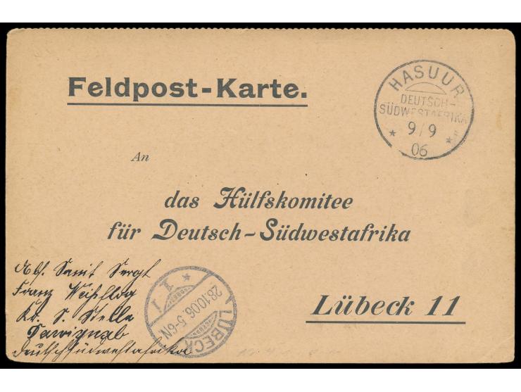 Stempel  Hasuur  9.9.06 auf Feldpost-Vordruckkarte an das  Hülfskomitee für Deutsch-Südwestafrika Lübeck 11,  Vogenbeck LFPK 