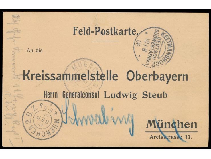 Liebesgaben-Feldpostkarte  an die  Kreissammelstelle Oberbayern ... München,  Vogenbeck LFPK 6, Stempel  Keetmanshoop  10.8.0