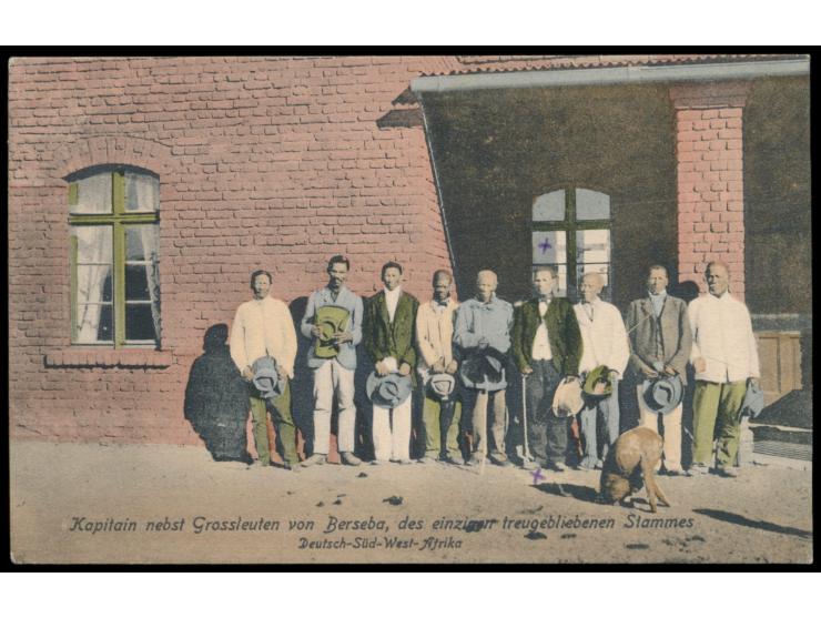 kolorierte Ansichtskarte "Kapitain nebst Grossleuten von Berseba, des einzigen treugebliebenen Stammes", Stempel  Warmbad  17