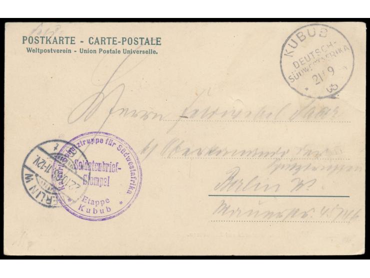 Stempel  Kubub  21.9.1906 und Briefstempel  Etappe Kubub  auf Ansichtskarte "Bastards auf Reitochsen", Feldpost nach Berlin, 