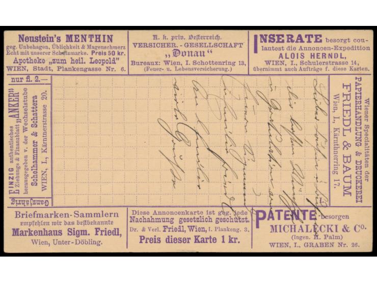 Ganzsache 2 Kr. Doppeladler (Ausgabe 1883) als  Anzeigen-Ganzsache  mit rückseitig acht umlaufenden Reklamen verschiedener Fi