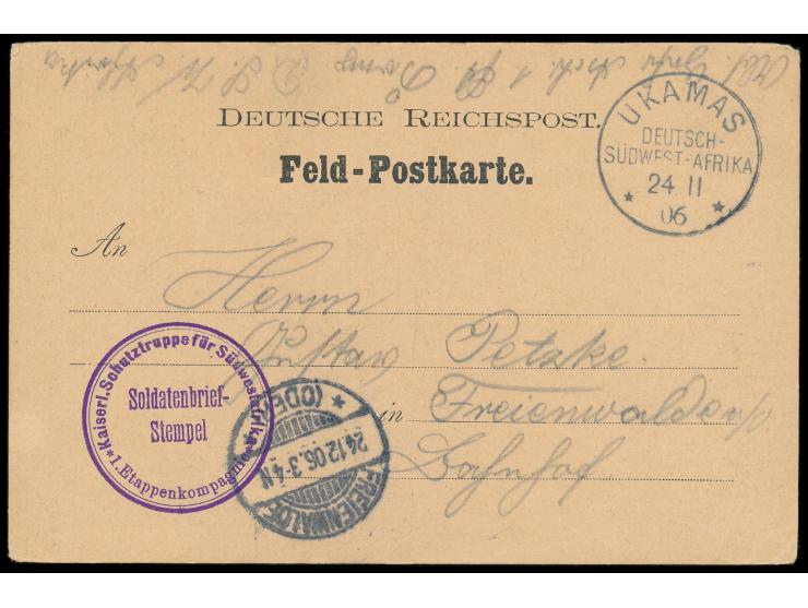 Stempel  Ukamas  24.11.06 und seltener Briefstempel  1. Etappenkompagnie  auf Feldpost-Vordruckkarte (Vogenbeck FKP 3), gesch