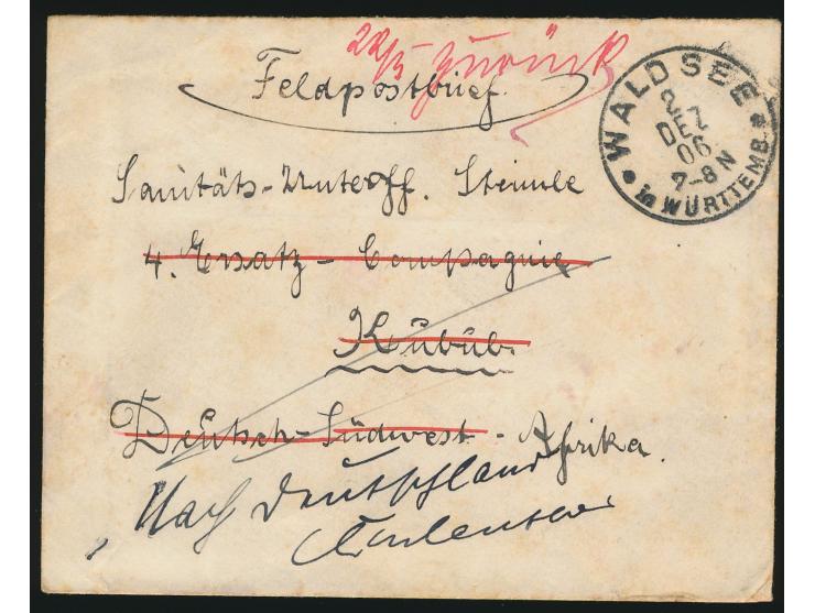 Feldpostbrief mit Stempel &nbsp;Waldsee in Württemb. &nbsp;2.12.06 an einen Sanitäts-Unteroffizier in Kubub, handschriftlich 