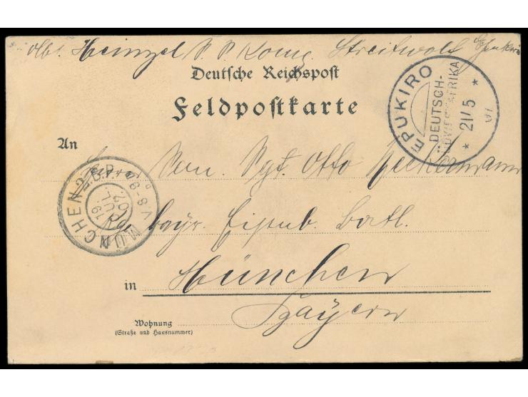 Stempel  Epukiro  21.5.07 auf Feldpost-Vordruckarte nach München, Ankunftstempel 19.7.07, Absenderangabe ".... Komp. Streitwo