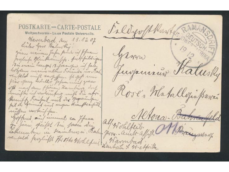 Stempel  Ramansdrift  19.12.(1907) auf Ansichtskarte "Haus eines Ansiedlers in Warmbad", geschrieben in Warmbad 18.12.07, Fel