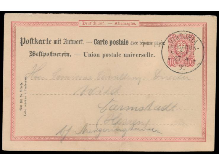 Ganzsachen-Frageteil 10 Pf.  mit Stempel  Viktoria (Kamerun-Gebiet)  27.4.90 nach Darmstadt, auf Pfennig-Ausgabe seltener Ste