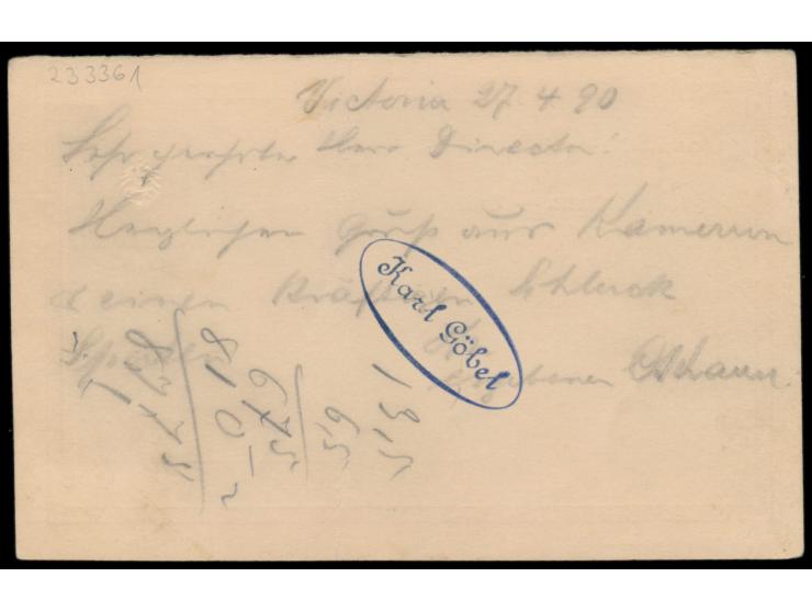 Ganzsachen-Frageteil 10 Pf.  mit Stempel  Viktoria (Kamerun-Gebiet)  27.4.90 nach Darmstadt, auf Pfennig-Ausgabe seltener Ste