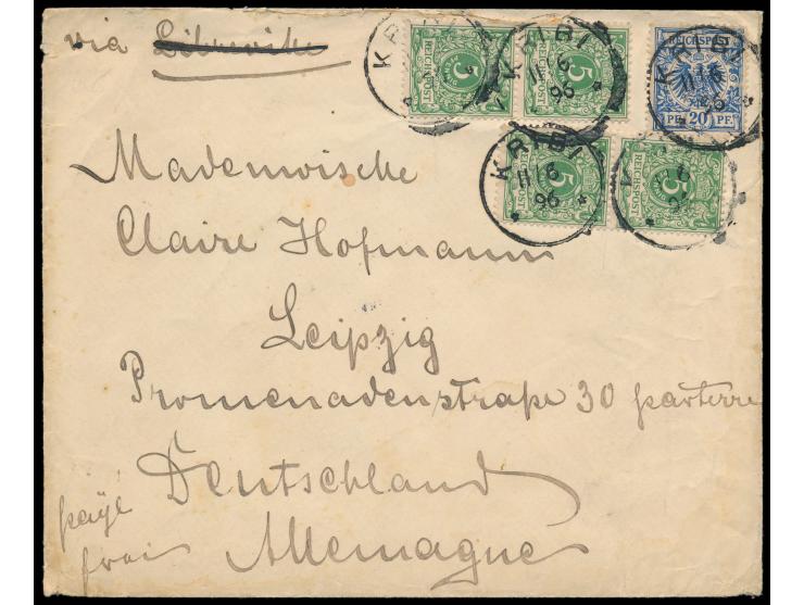 Vorläufer  4 x 5 Pf. (2 Marken kleine Mängel) und 20 Pf. (Eckbug rechts oben) auf Brief 2. Gewicht (16 bis 30 g) mit Stempel 