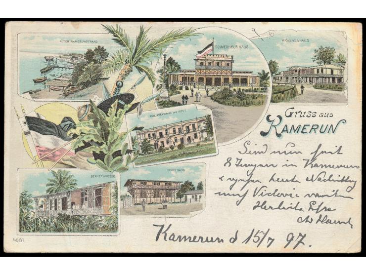 Litho-AK  "Gruss aus Kamerun" mit sieben Einzelbildern, Frankatur 10 Pf., Stempel  Kamerun  18.7.97, Ankunftstempel Sayda 22.
