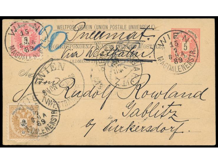 Ausgabe 1883: Weltpostverein-Postkarte 5 Kr. mit Zusatzfrankatur 2 Kr. und 5 Kr. als &nbsp;Rohrpost-Fernkarte &nbsp;(Bahnhofs