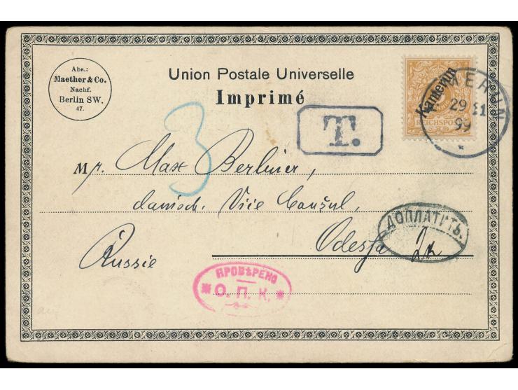 Einzelfrankatur 3 Pf. mit besserer Farbe  lebhaftbraunocker  auf Litho-AK "Blick auf den Kamerunfluss" (Reklame der Fa. Maeth