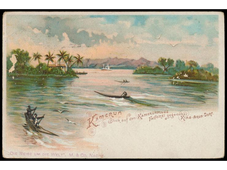 Einzelfrankatur 3 Pf. mit besserer Farbe  lebhaftbraunocker  auf Litho-AK "Blick auf den Kamerunfluss" (Reklame der Fa. Maeth