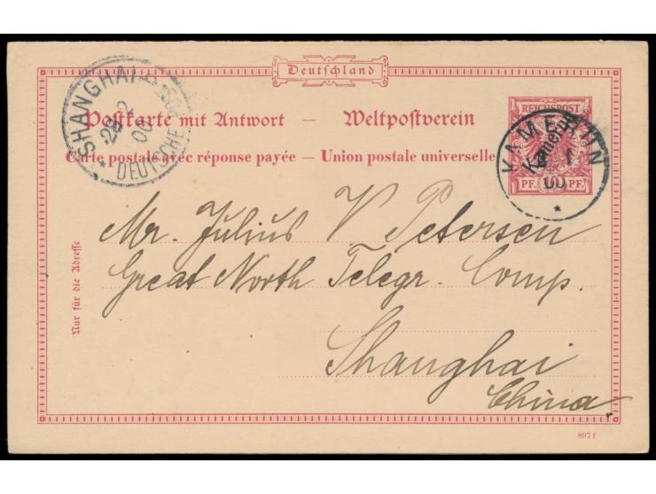 Ganzsache 10 Pf. und Ganzsachen-Doppelkarte 10 Pf., beide mit Stempel Kamerun 3.1.00 bzw. 1.2.00 nach Shanghai / China und An