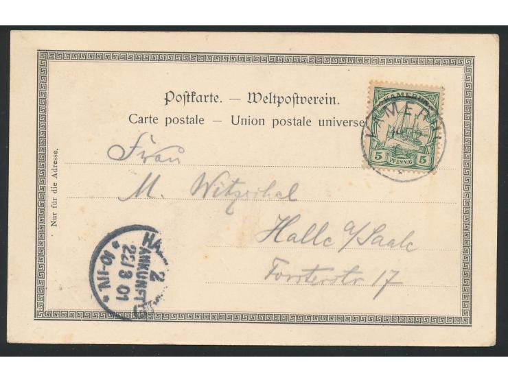 Ansichtskarte  Gouverneurshaus in Kamerun,  Frankatur 5 Pf. Schiffausgabe, Stempel  Kamerun  19.2.01, auf Schiffausgabe nicht