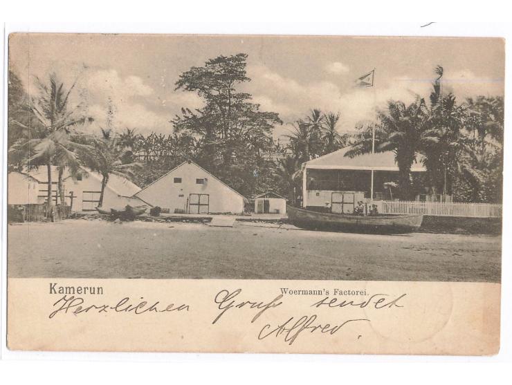 Ansichtskarte  Woermann's Faktorei,  ohne Verlag-Angabe, Frankatur 5 Pf., Stempel  Kamerun  10.4.01, nach Horst (Ruhr), Ankun