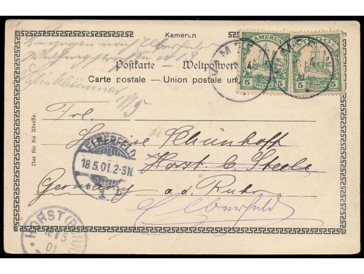 Mischfrankatur  Togo  5 Pf. und  Kamerun  5 Pf. mit Stempel  Kamerun  13.4.01 auf Ansichtskarte "Kamerun" nach Horst (Ruhr), 