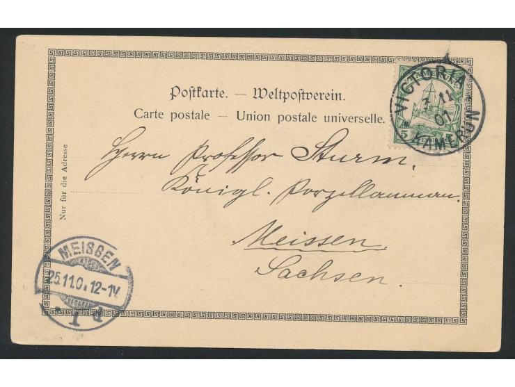 5 Pf. auf Ansichtskarte Westafrikanische Pflanzungsgesellschaft "Victoria" mit Absenderangabe "Reichel, Kaiserl. Arbeiter-Kom