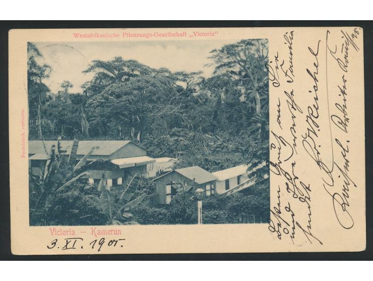 5 Pf. auf Ansichtskarte Westafrikanische Pflanzungsgesellschaft "Victoria" mit Absenderangabe "Reichel, Kaiserl. Arbeiter-Kom