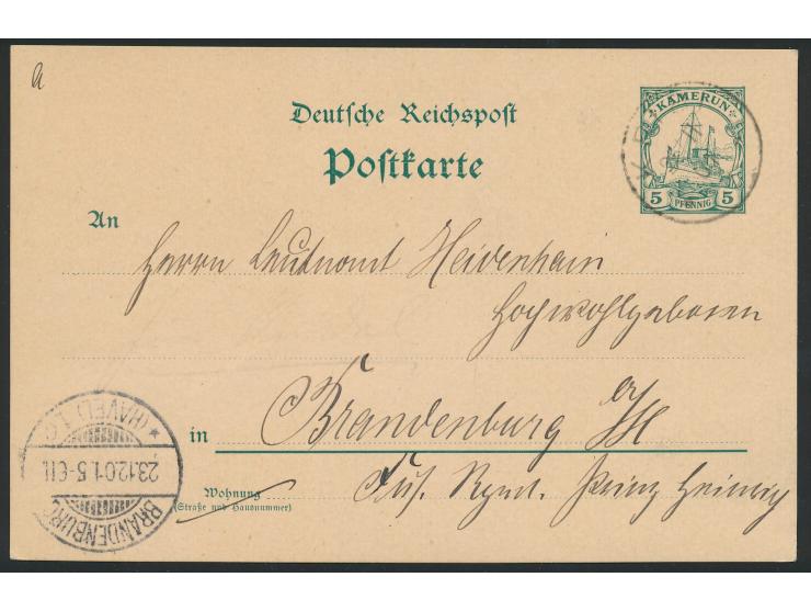 Ganzsache 5 Pf. mit Stempel  Kribi   25.11.01 nach Brandenburg (Havel), geschrieben in  Jaunde  am 4.11.1901 von Leutnant  Ku