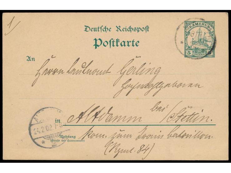 Ganzsache 5 Pf. mit Stempel  Kribi  8.1.02 nach Altdamm, geschrieben in  Semikore  am 12.12.1901 vom Chef der Militärstation 
