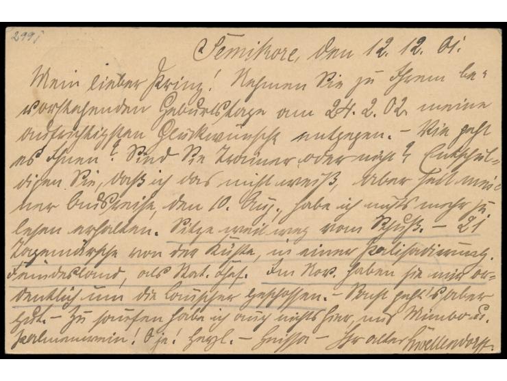 Ganzsache 5 Pf. mit Stempel  Kribi  8.1.02 nach Altdamm, geschrieben in  Semikore  am 12.12.1901 vom Chef der Militärstation 