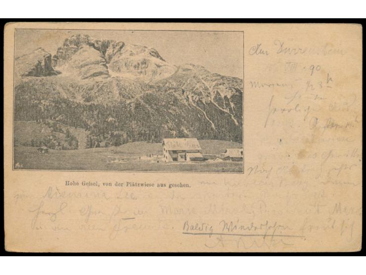 Ganzsache 2 Kr. Doppeladler mit Zierumrandung (1890) mit  Bildzudruck "Hohe Geisel, von der Plätzwiese aus gesehen." , Stempe