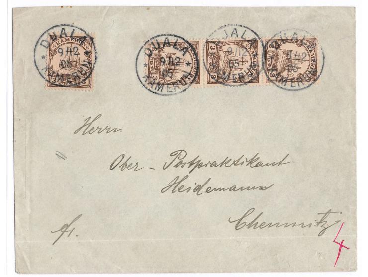 4 x 3 Pf. auf Brief mit Stempel  Duala  9.12.05 nach Chemnitz, Ankunftstempel 7.1.06, unten waagerechter Bug
Postleitzahl: 09