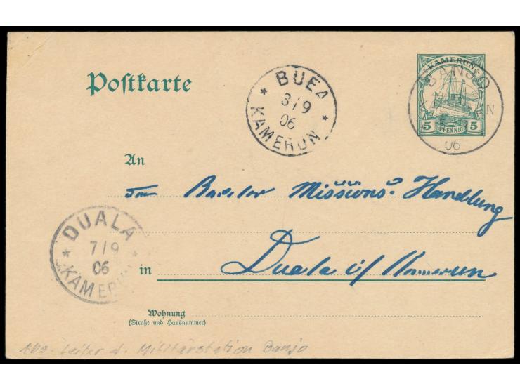 Stempel  Banjo  5.8.06 auf Ganzsache nach Duala, Durchgangstempel  Buea  3.9.06 und Ankunftstempel  Duala  7.9.06, Bedarf
