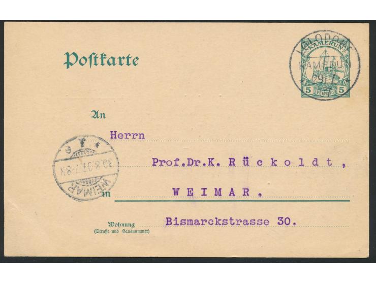 Ganzsache 5 Pf. mit Stempel  Lolodorf  29.7.07 nach Weimar, rückseitig Absenderstempel "Rud. Ungebauer, Plantation, Süd-Kamer