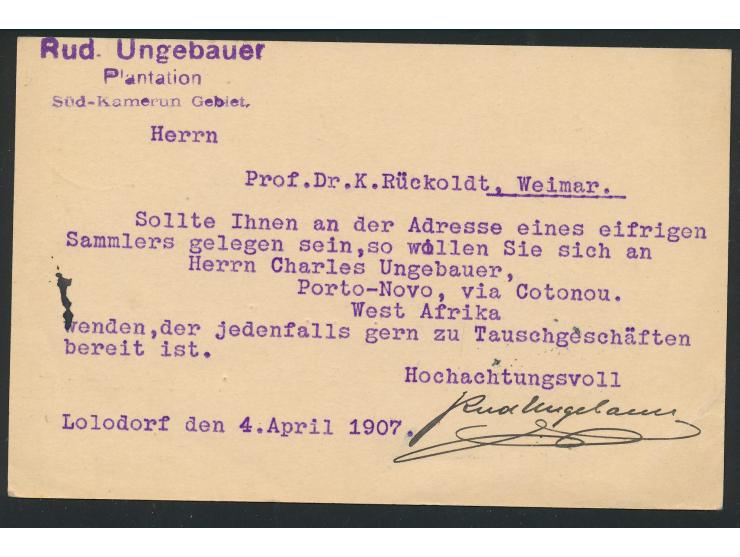 Ganzsache 5 Pf. mit Stempel  Lolodorf  29.7.07 nach Weimar, rückseitig Absenderstempel "Rud. Ungebauer, Plantation, Süd-Kamer